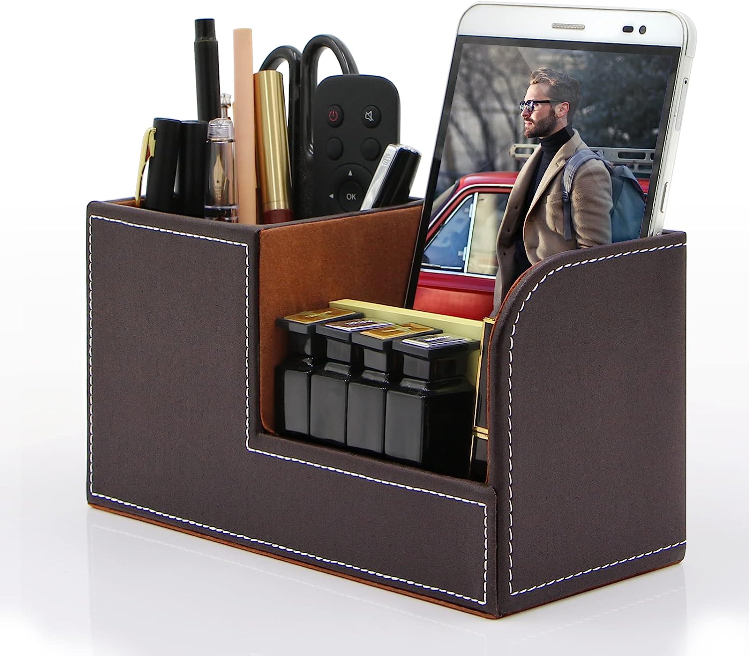 230816082200219_1 TooCust Leather Office Desk Organizer with Drawer, Multi-function Office Supplies for Desk Top Organizer,Black Mens Desk Accessories,Teacher Desk Organizer for Pen Pencil Holders and Organizers - Image 1